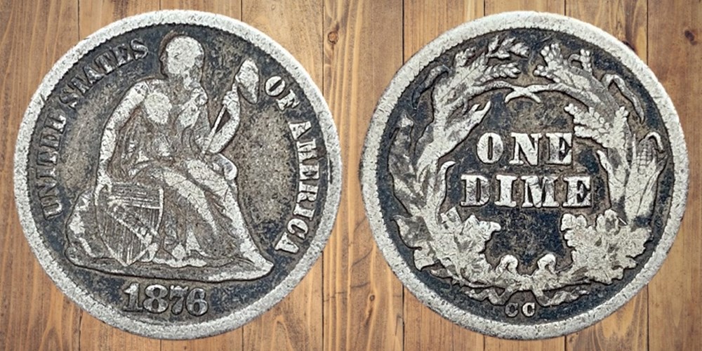 United States: silver Seated Liberty dime, 1876-CC 3 coins world united states silver seated liberty dime 1876 cc