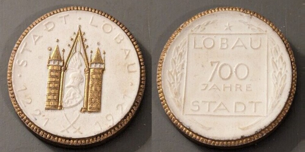 Germany (Löbau): 1921 white gilt porcelain medal, 700th anniversary coins exonumia tokens weights germany lobau 1921 white gilt porcelain medal 700th anniversary