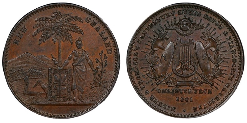 New Zealand (Christchurch): 1881 bronze merchant token, Milner & Thompson's Music Depot 4 coins exonumia tokens weights new zealand christchurch 1881 bronze merchant token milner thompson s music depot