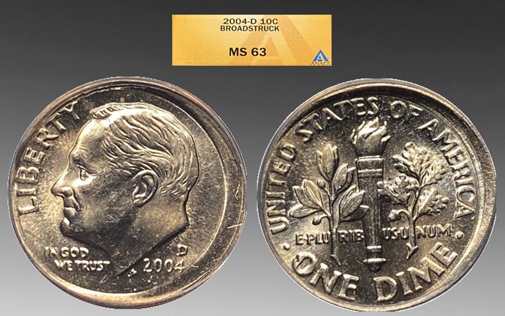 United States: copper-nickel clad Roosevelt dime, 2004-D, broadstruck error coins world united states copper nickel clad roosevelt dime 2004 d broadstruck error