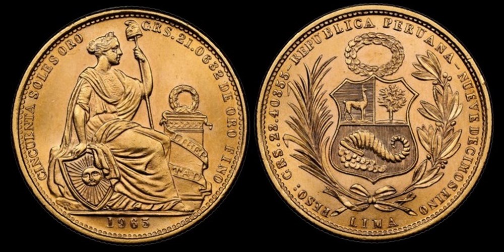coins world peru 1965 gold 50 soles de oro