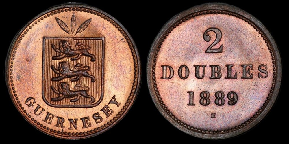 Channel Islands (Guernsey): 1889-H copper 2-doubles, Heaton mint, Birmingham 3 coins world channel islands guernsey 1889 h copper 2 doubles heaton mint birmingham