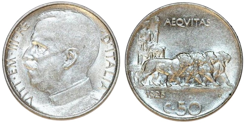coins world italy nickel 50 centesimi of victor emmanuel iii 1925 r smooth edge variety