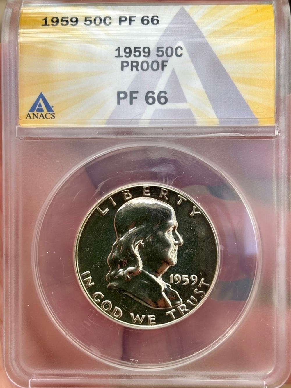 United States: 1959 silver proof Franklin half dollar, Type 2 reverse (ANACS PF66) 2 coins world united states 1959 silver proof franklin half dollar type 2 reverse anacs pf66