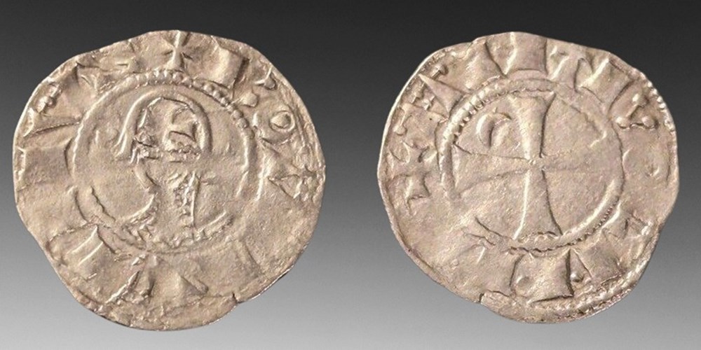 Crusader States: ca. 1163-1201 AD silver "helmet" denier of Bohemond III of Antioch coins european medieval to crusader states ca 1163 1201 ad silver helmet denier of bohemond iii of antioch