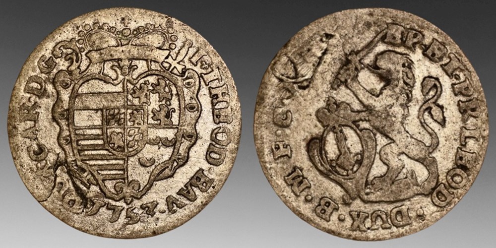 Belgium (Liège): silver 2-escalin of Prince-Bishop Johann Theodor of Bavaria, 1753 coins european medieval to belgium liege silver 2 escalin of prince bishop johann theodor of bavaria 1753