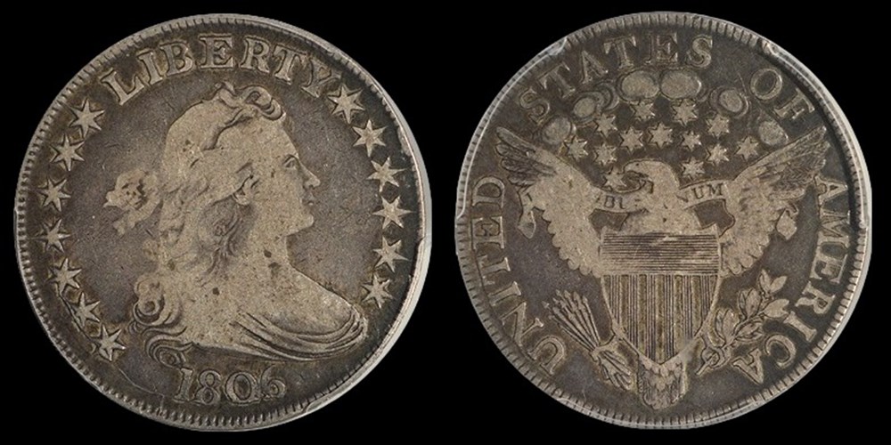 United States: 1806 silver Draped Bust half dollar, "Pointed 6, stem through claw" variety 2 coins world united states 1806 silver draped bust half dollar pointed 6 stem through claw variety