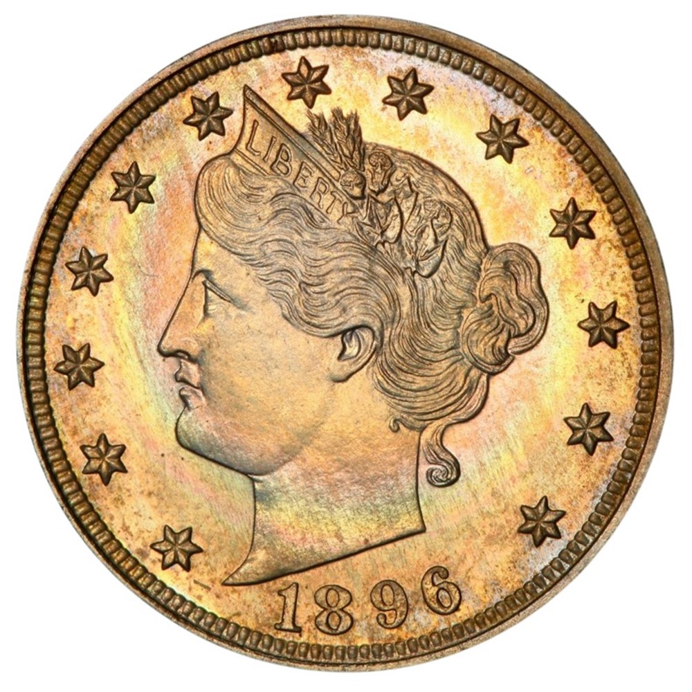 United States: 1896 copper-nickel proof 5-cents, Liberty Head type 3 coins united states 1896 copper nickel proof 5 cents liberty head type