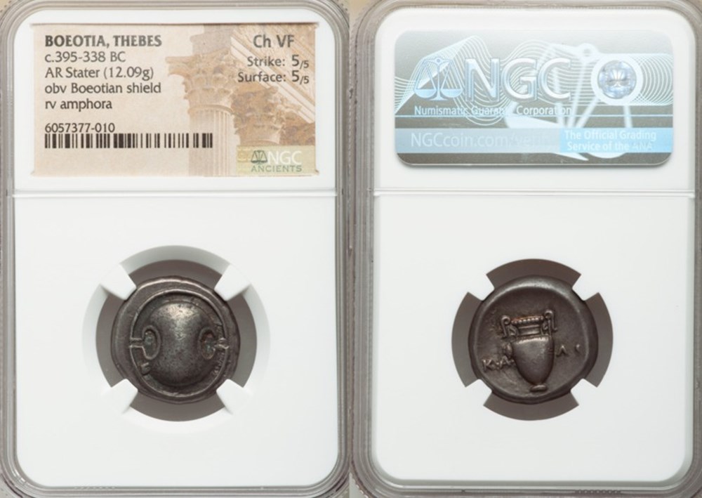 Greece (Boeotia, Thebes): ca. 395-338 BC silver stater, ex-Eric P. Newman collection 5 coins ancient to greek greece boeotia thebes ca 395 338 bc silver stater ex eric p newman collection