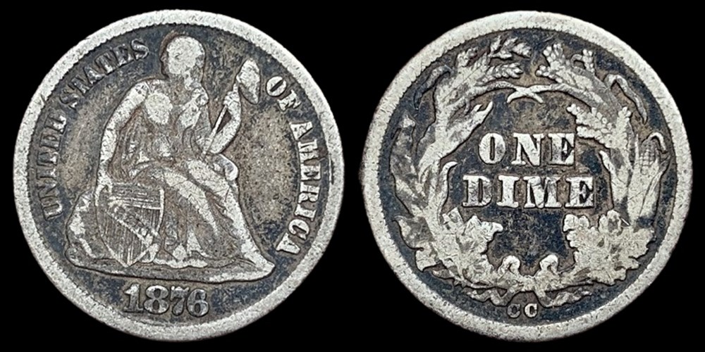 United States: silver Seated Liberty dime, 1876-CC 2 coins world united states silver seated liberty dime 1876 cc