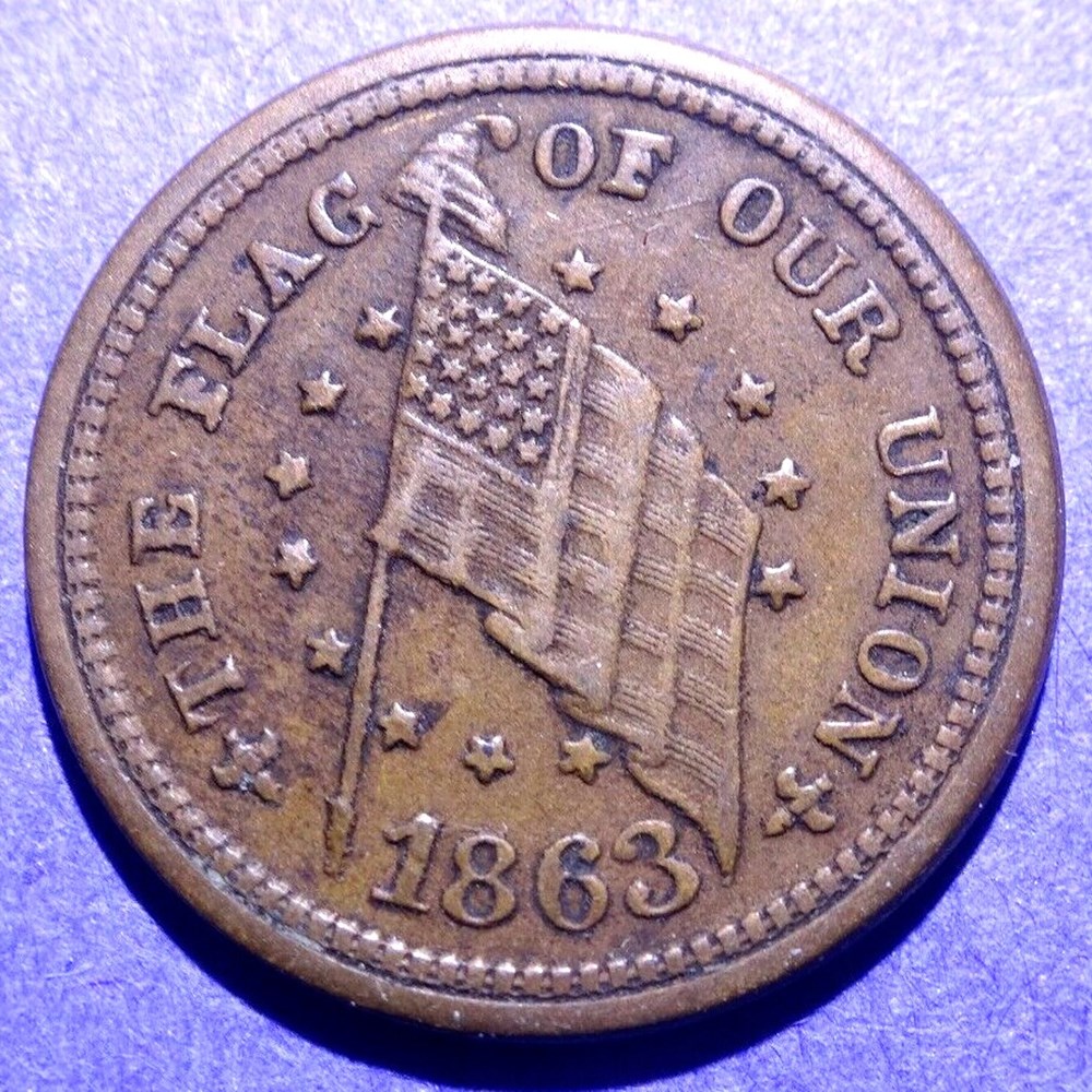 United States: 1863 bronze patriotic Civil War token ("Flag Of Our Union" / "Shoot Him On The Spot") 2 coins exonumia tokens weights united states 1863 bronze patriotic civil war token flag of our union shoot him on the spot