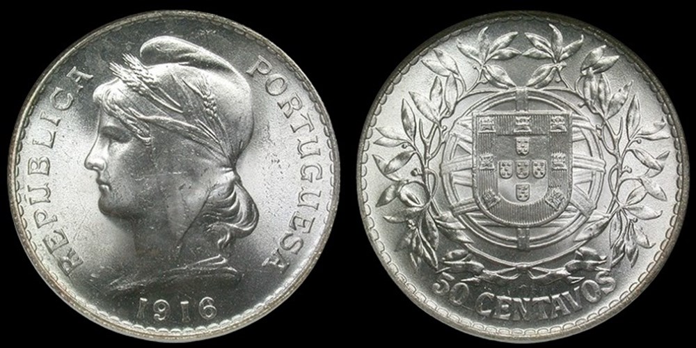 Portugal: silver 50 centavos, 1916 2 coins world portugal silver 50 centavos 1916