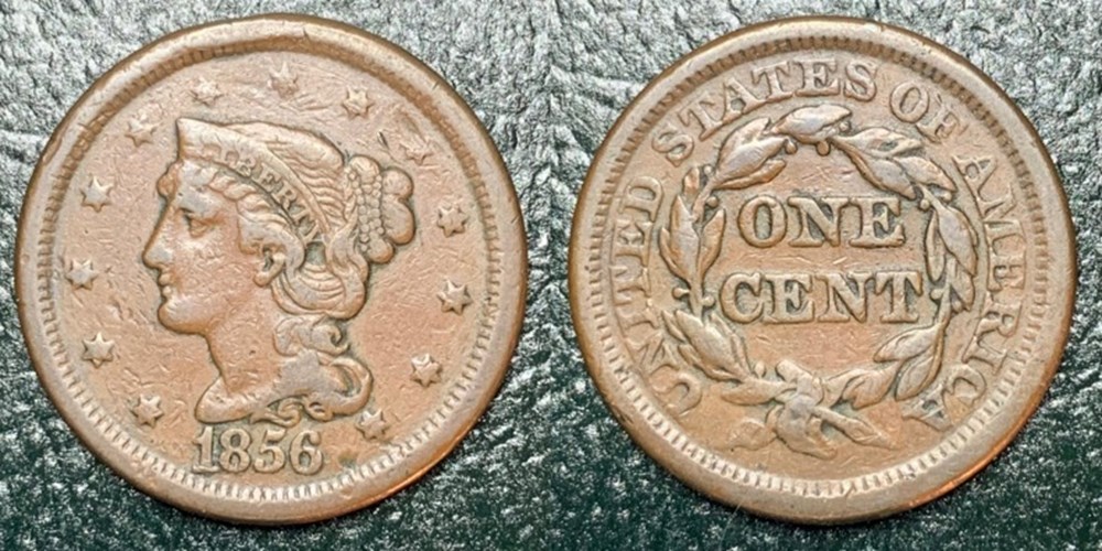 coins world united states 1856 copper braided hair large cent slanted 5 variety