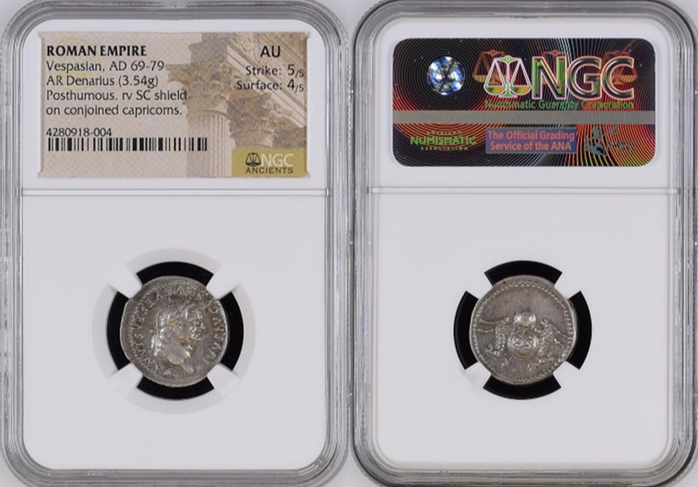 Roman Empire: ca. 80-81 AD silver denarius of Vespasian; commemorative issue struck by Titus 5 coins ancient to romans imperial and republican roman empire ca 80 81 ad silver denarius of vespasian commemorative issue struck by titus