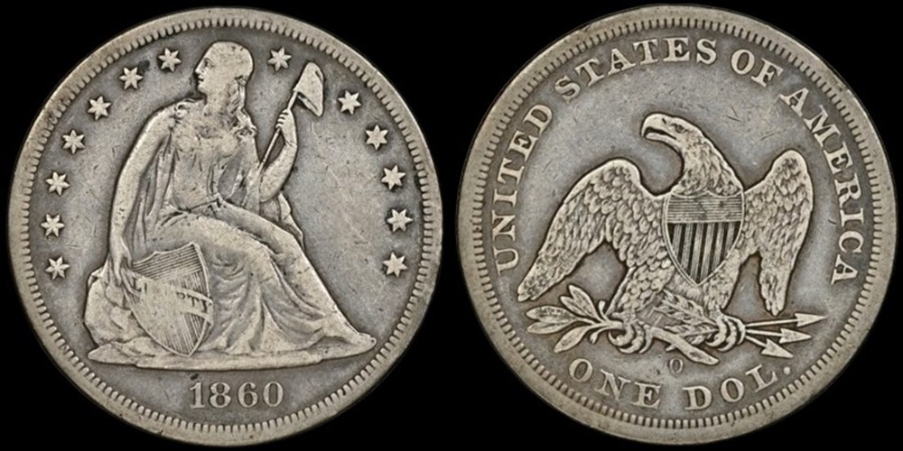 United States: 1860-O silver Seated Liberty dollar, No Motto, ex-Long Island Collection 2 coins world united states 1860 o silver seated liberty dollar no motto ex long island collection