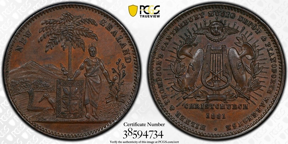 New Zealand (Christchurch): 1881 bronze merchant token, Milner & Thompson's Music Depot 2 coins exonumia tokens weights new zealand christchurch 1881 bronze merchant token milner thompson s music depot