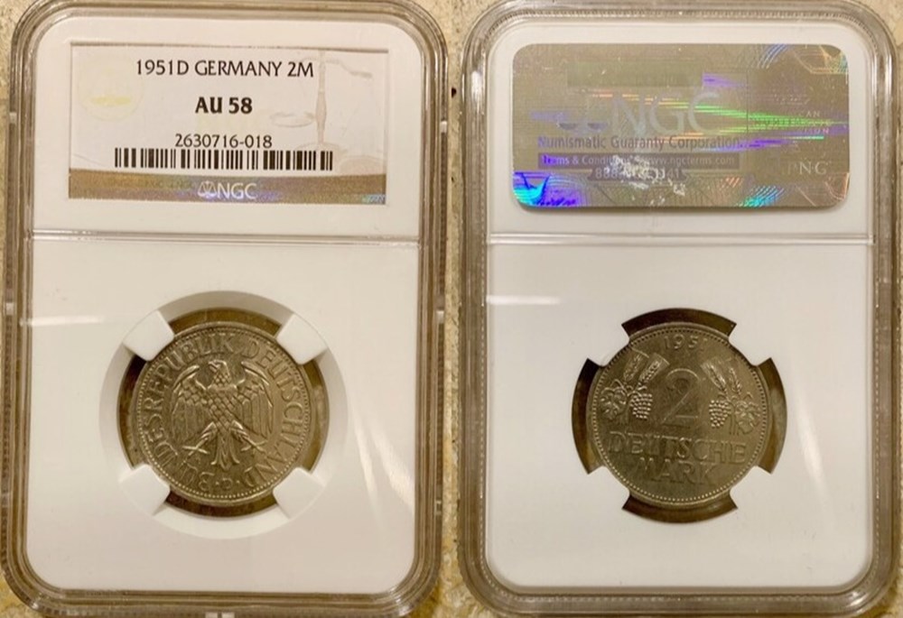 (West) Germany: 1951-D copper-nickel 2-Deutsche Mark (NGC AU58) coins west germany 1951 d copper nickel 2 deutsche mark ngc au58