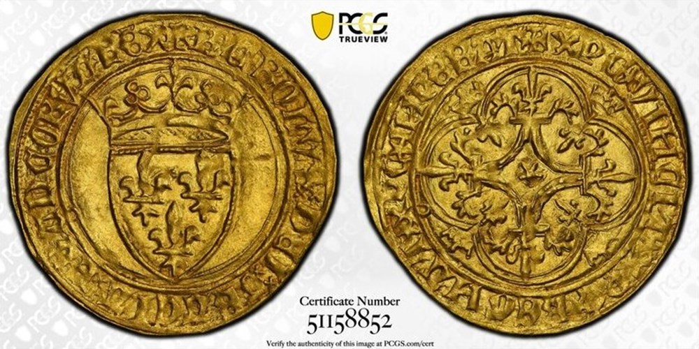 France: ca. 1380-1422 gold Ecu d'or of Charles VI, from the Lucerne Abbey Treasure (100 Years' War) 2 coins european medieval to royal france ca 1380 1422 gold ecu or of charles vi from the lucerne abbey treasure 100 years war