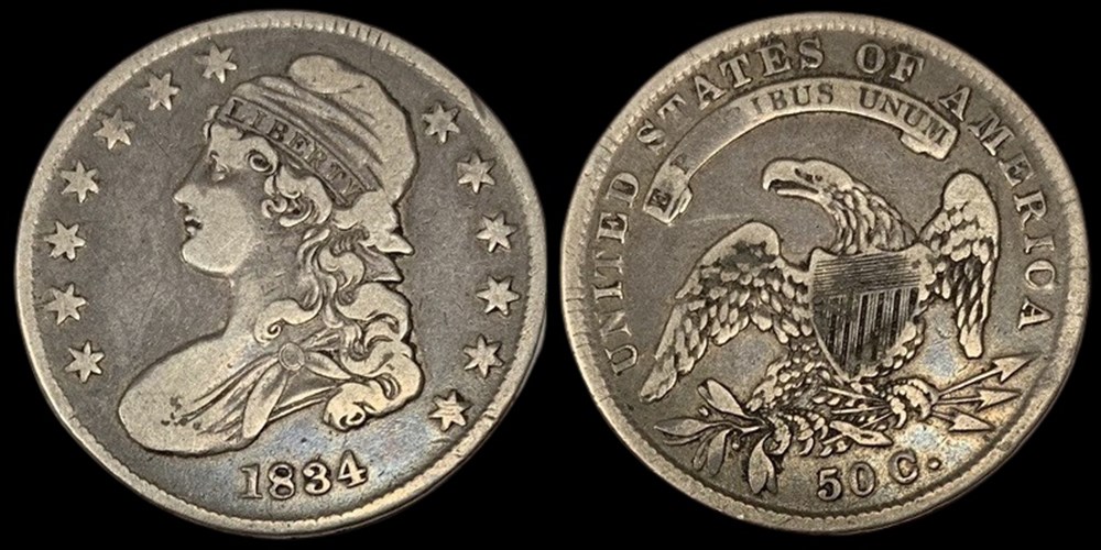 United States: silver Capped Bust half dollar, 1834, Small Date, Small Letters variety 2 coins world united states silver capped bust half dollar 1834 small date small letters variety