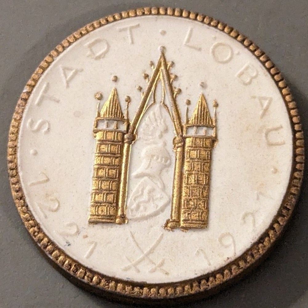 Germany (Löbau): 1921 white gilt porcelain medal, 700th anniversary 2 coins exonumia tokens weights germany lobau 1921 white gilt porcelain medal 700th anniversary