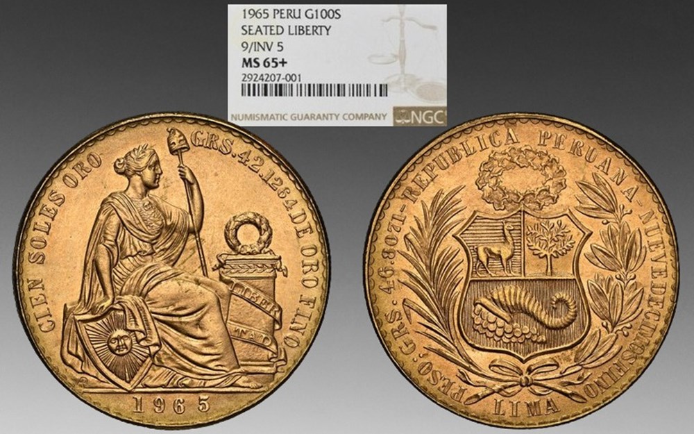 coins world peru 1965 gold 100 soles seated liberty type 9 over inverted 5 variety