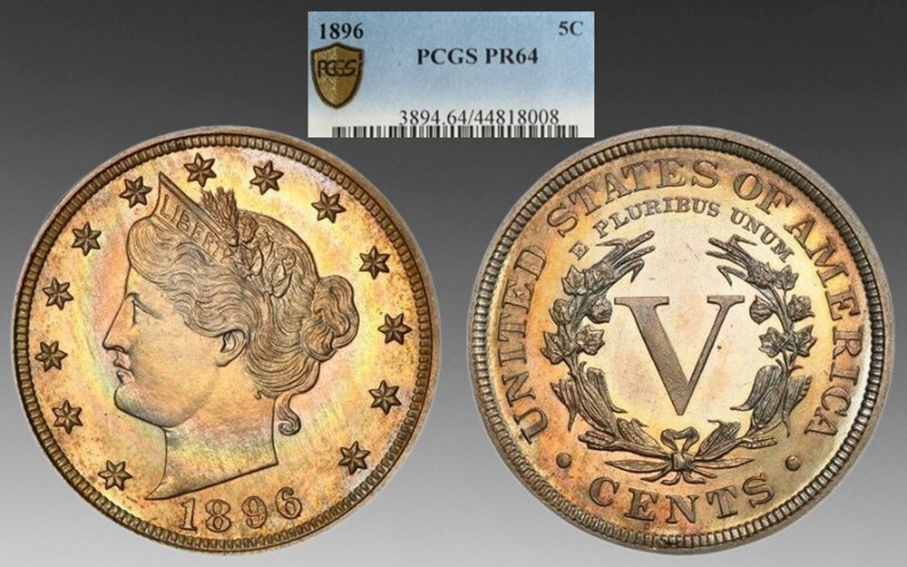 United States: 1896 copper-nickel proof 5-cents, Liberty Head type coins united states 1896 copper nickel proof 5 cents liberty head type