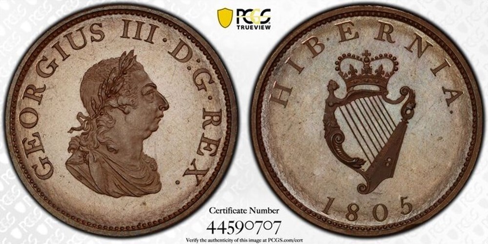 Ireland: 1805 bronzed copper proof halfpenny of George III, Soho Mint 2 coins world ireland 1805 bronzed copper proof halfpenny of george iii soho mint