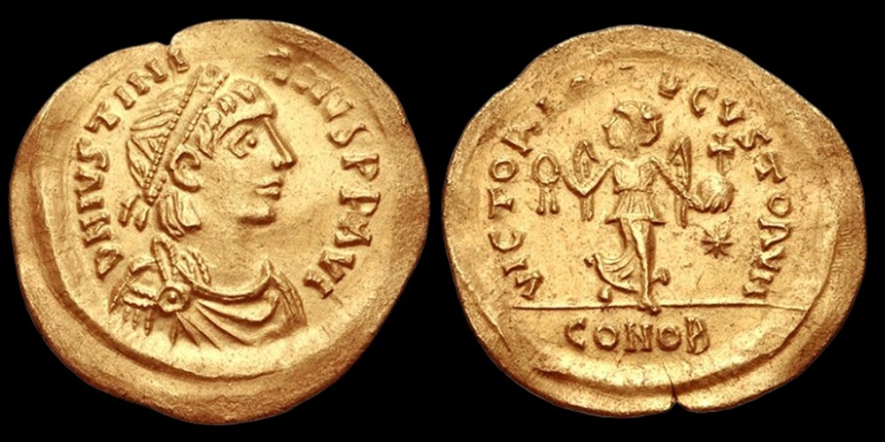 Byzantine Empire: ca. 527-565 AD gold tremissis of Justinian I 2 coins to the anastasius mauritius tiberius byzantine empire ca 527 565 ad gold tremissis of justinian i