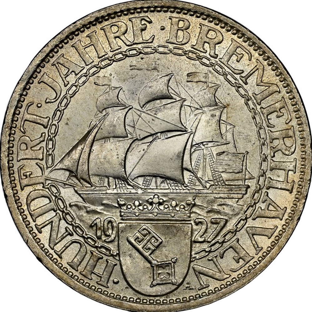 Germany (Weimar Republic): 1927-A silver 3-reichsmark, Bremerhaven commemorative 3 coins world germany weimar republic 1927 a silver 3 reichsmark bremerhaven commemorative