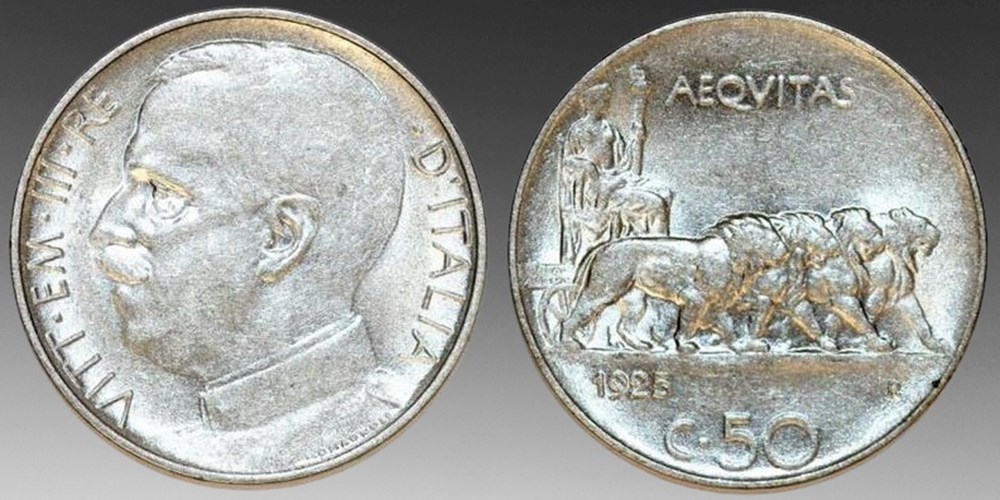 coins world italy nickel 50 centesimi of victor emmanuel iii 1925 r smooth edge variety