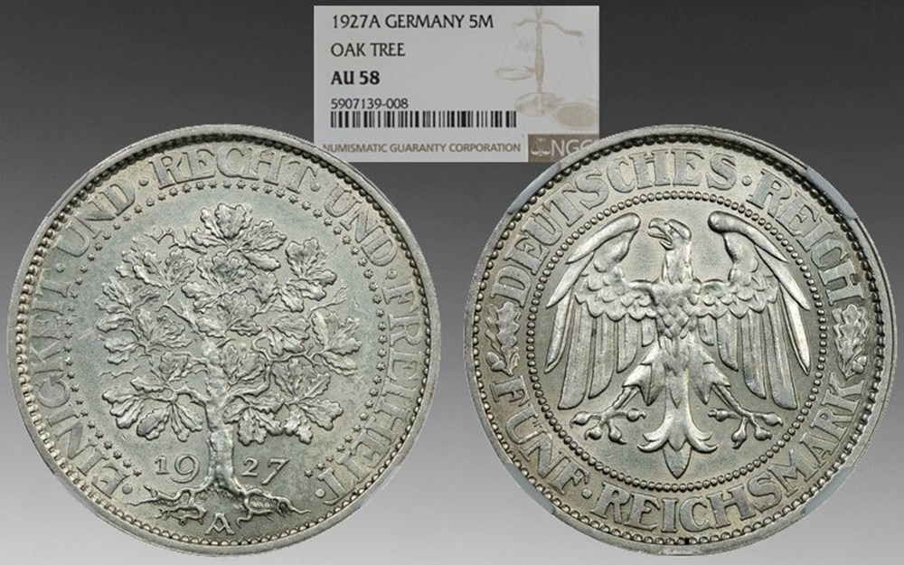 Germany (Weimar Republic), 1927-A silver 5 marks, Oak Tree type coins world germany weimar republic 1927 a silver 5 marks oak tree type