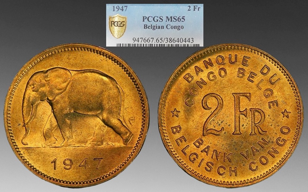 Belgian Congo: 1947 brass 2-francs coins world belgian congo 1947 brass 2 francs