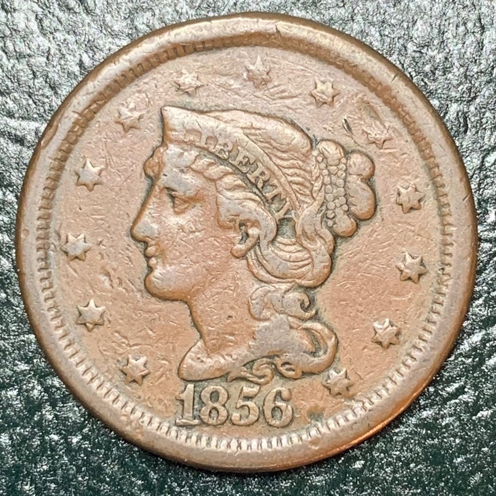 coins world united states 1856 copper braided hair large cent slanted 5 variety
