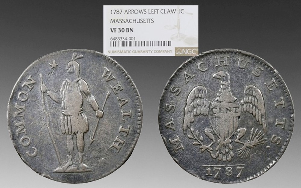 United States (Massachusetts): 1787 copper cent, Arrows in Left Claw variety coins world united states massachusetts 1787 copper cent arrows in left claw variety