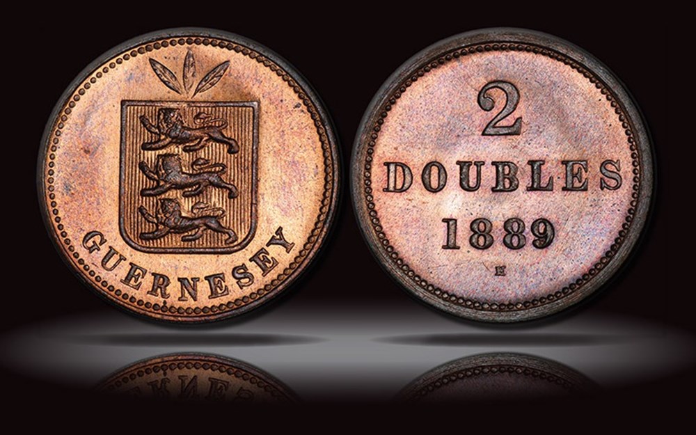 Channel Islands (Guernsey): 1889-H copper 2-doubles, Heaton mint, Birmingham 4 coins world channel islands guernsey 1889 h copper 2 doubles heaton mint birmingham