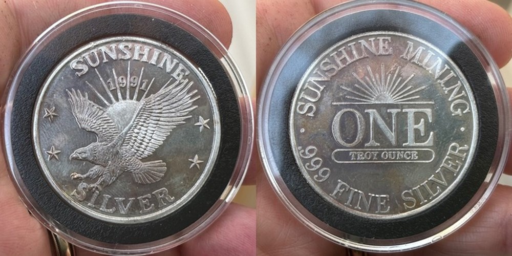 coins ingots bullion ingot united states private mint sunshine minting 1991 silver round 1 ounce 999 fine