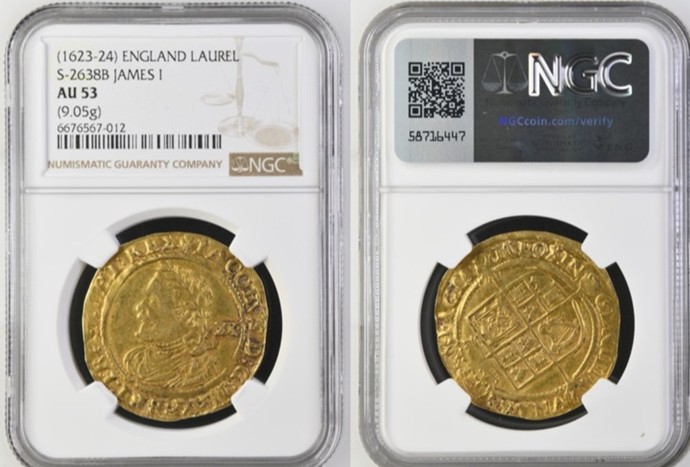 England: ca. 1623-1624 gold Laurel of James I, third coinage, lis mintmark 5 coins european medieval to kingdom england ca 1623 1624 gold laurel of james i third coinage lis mintmark