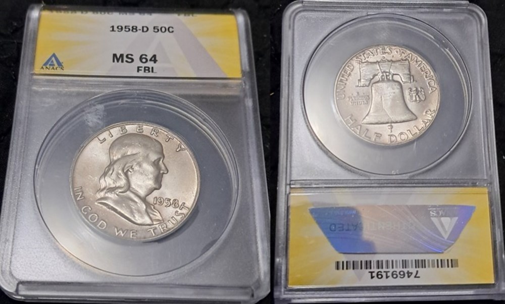 United States: 1958-D silver Franklin half dollar (ANACS MS64 FBL) coins world united states 1958 d silver franklin half dollar anacs ms64 fbl