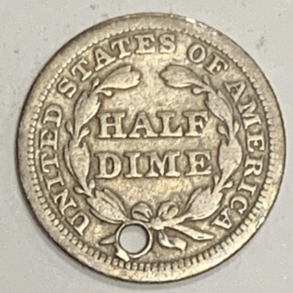 USA: 1853 (arrows) Seated Liberty half dime, holed 2 coins world united states usa 1853 arrows seated liberty half dime holed