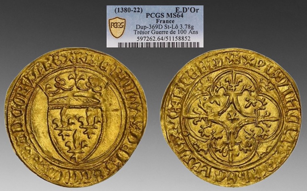 France: ca. 1380-1422 gold Ecu d'or of Charles VI, from the Lucerne Abbey Treasure (100 Years' War) coins european medieval to royal france ca 1380 1422 gold ecu or of charles vi from the lucerne abbey treasure 100 years war