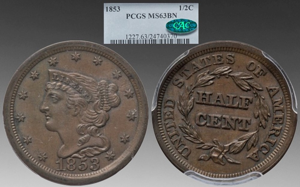 coins world united states 1853 copper braided hair half cent