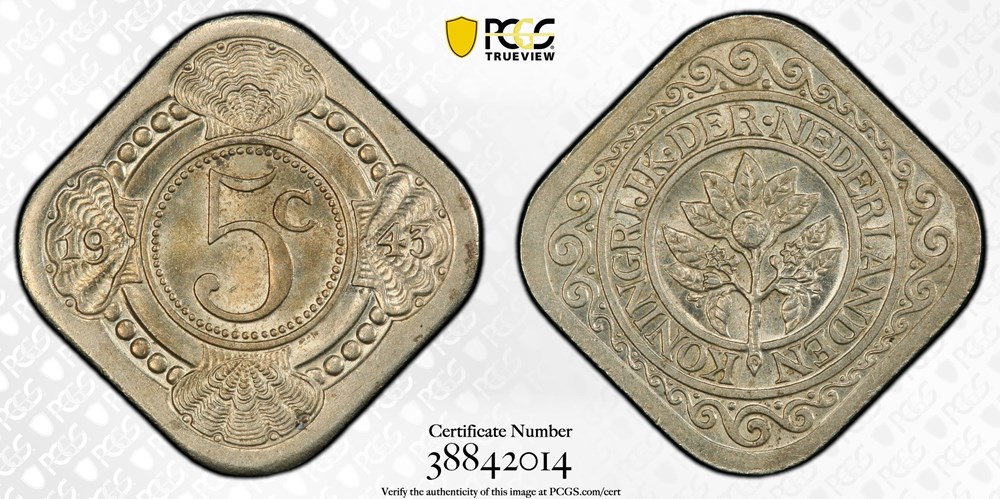 Netherlands Antilles (Curaçao): 1943 copper-nickel-zinc 5-cents of Queen Wilhelmina 2 coins world netherlands antilles curacao 1943 copper nickel zinc 5 cents of queen wilhelmina
