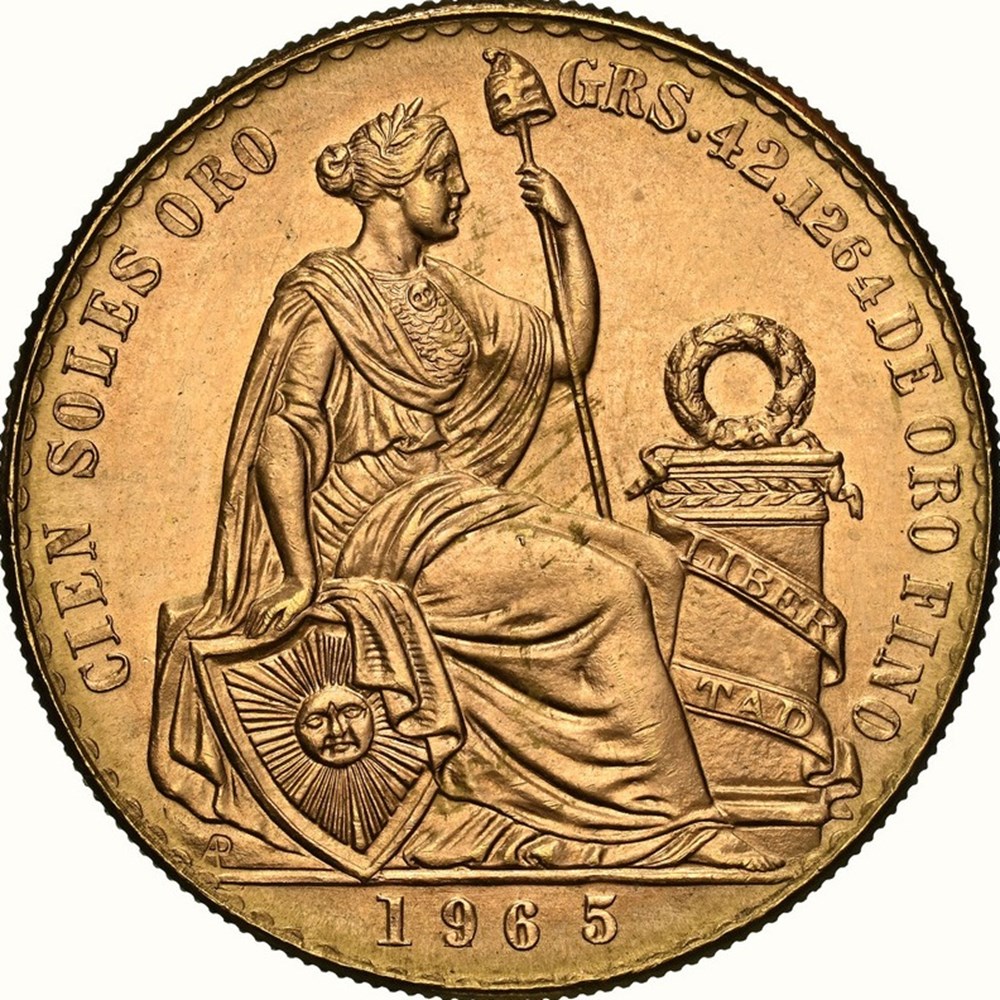 coins world peru 1965 gold 100 soles seated liberty type 9 over inverted 5 variety