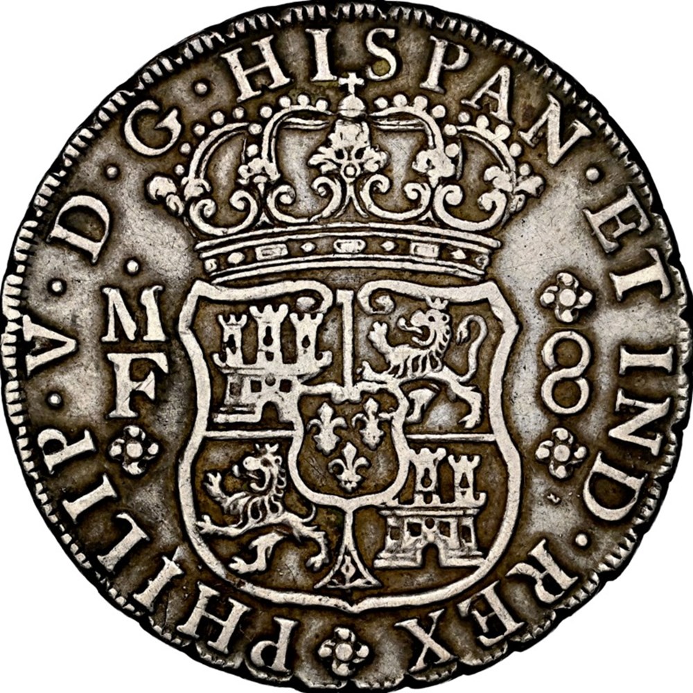 coins colonies mexico spanish colonial 1736 mo mf silver 8 reales pillar dollar mexico city mint