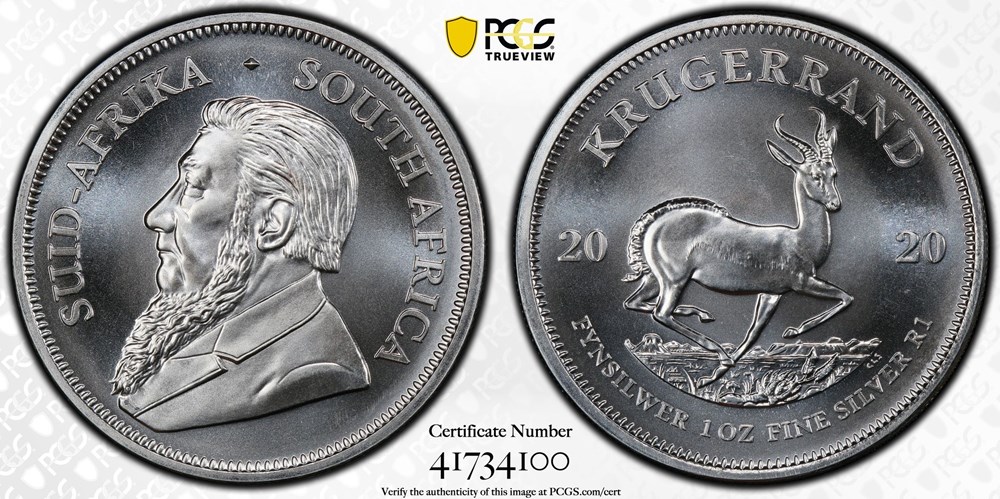 coins world south africa 2020 silver krugerrand 1 ounce 999 silver pcgs ms66
