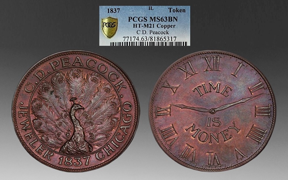 United States: "1837" copper Hard Times token; C.D. Peacock Jeweler, Chicago, struck ca. 1902 coins exonumia tokens weights united states 1837 copper hard times token c d peacock jeweler chicago struck ca 1902