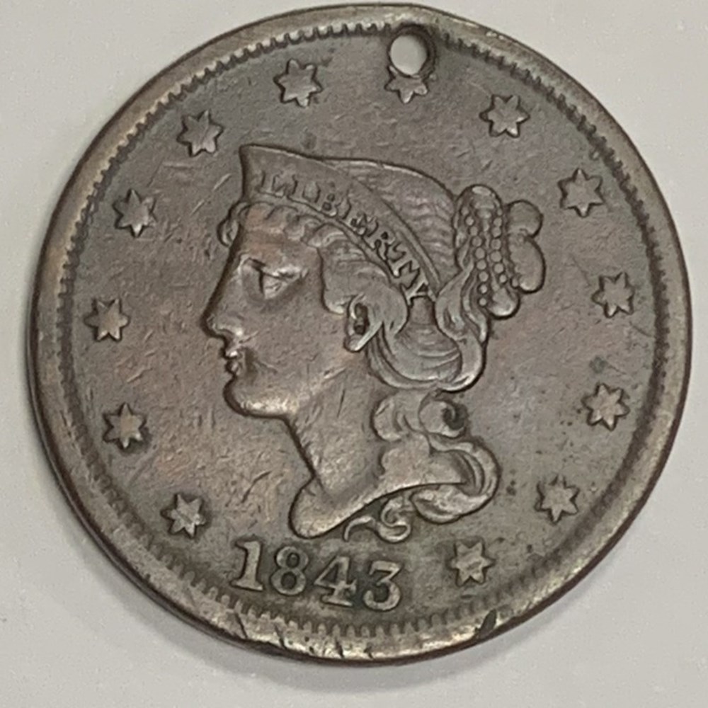 coins world united states usa 1843 braided hair large cent holed
