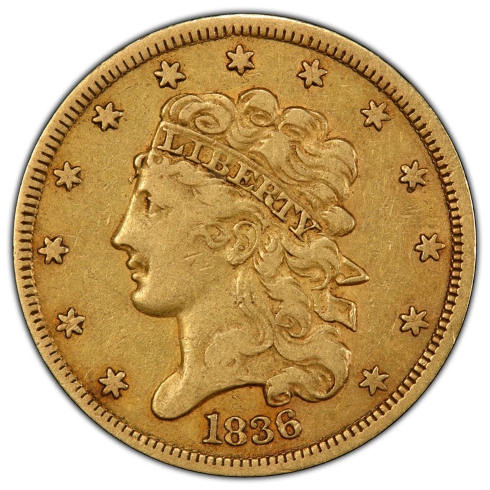 United States: 1836 gold Classic Head half-eagle ($5.00) 3 coins united states 1836 gold classic head half eagle 5 00