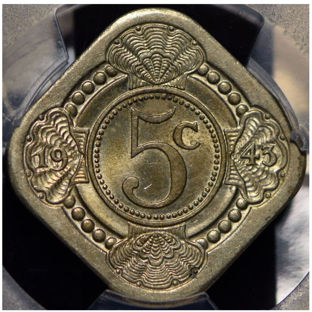 Netherlands Antilles (Curaçao): 1943 copper-nickel-zinc 5-cents of Queen Wilhelmina 4 coins world netherlands antilles curacao 1943 copper nickel zinc 5 cents of queen wilhelmina
