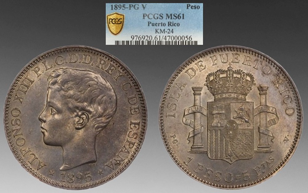 coins world puerto rico 1895 pg v silver peso of alfonso xiii of spain